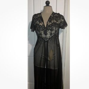 Vintage 60s 70s SHEER Lace Black button Slip Maxi Dress Robe Gown exquisite S M